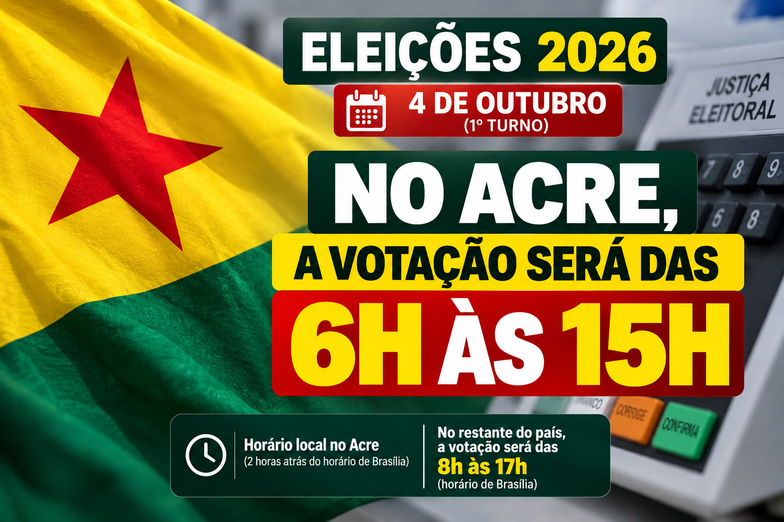 Eleições 2026: votação no Acre será das 6h às 15h; veja documentos necessários para votar